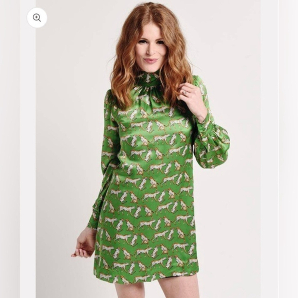 MILLY Green Leopard Silk Mini Dress Long Sleeve Designer Cocktail Dress Size 2